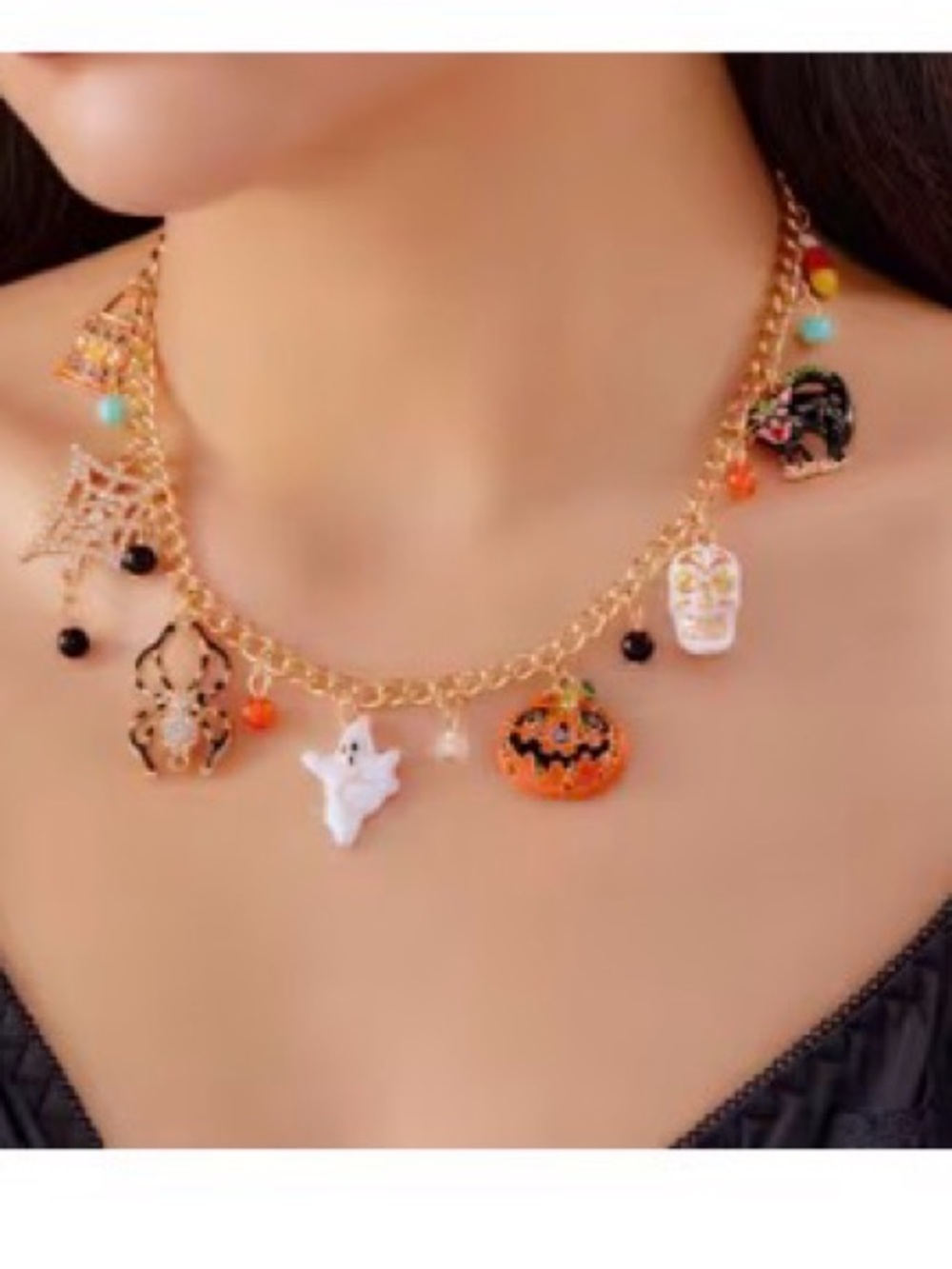 Festive Halloween Charm Necklace in Gold with Orange and White Accents